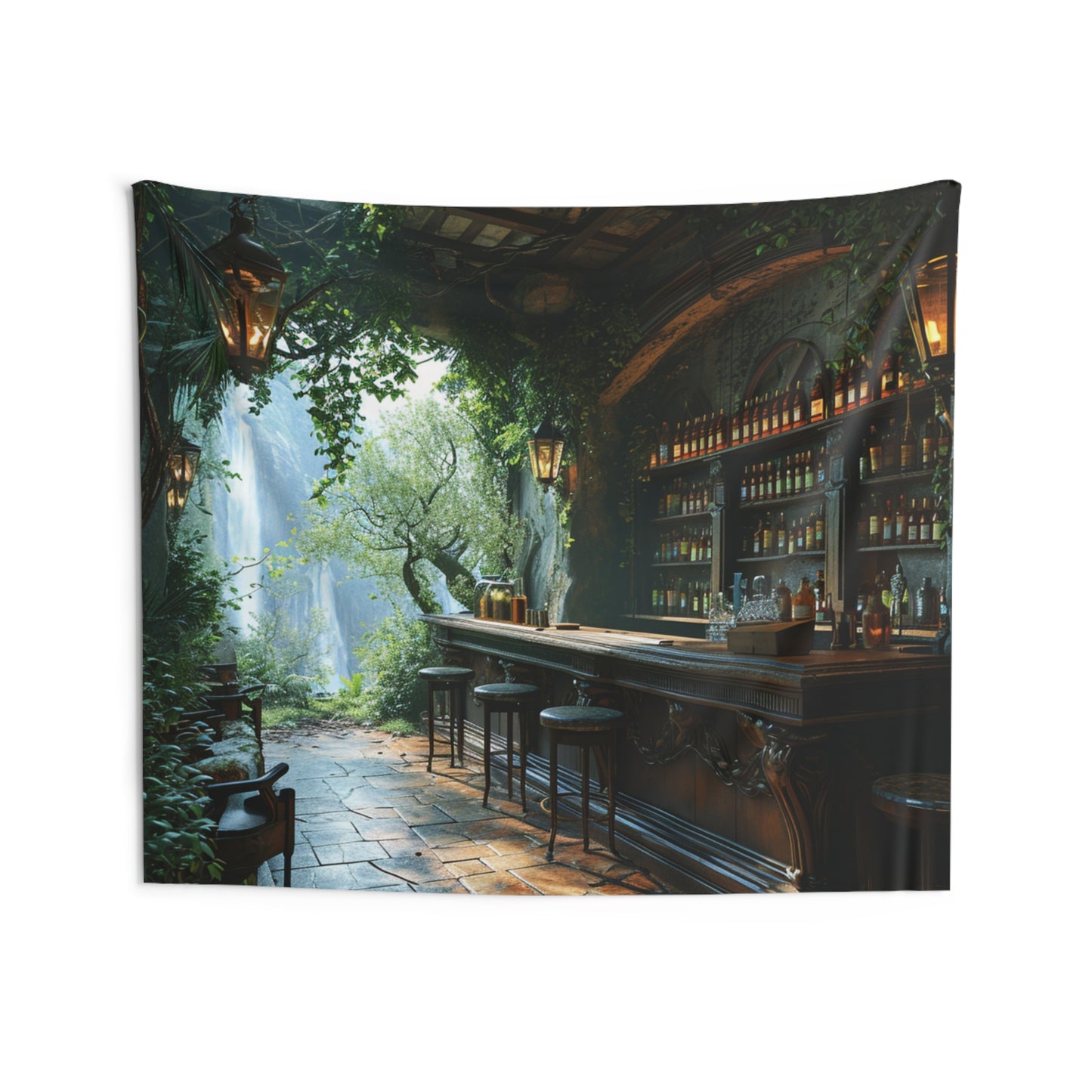 Wall Tapestries - Elven Tavern, Bar - Vines, waterfall background